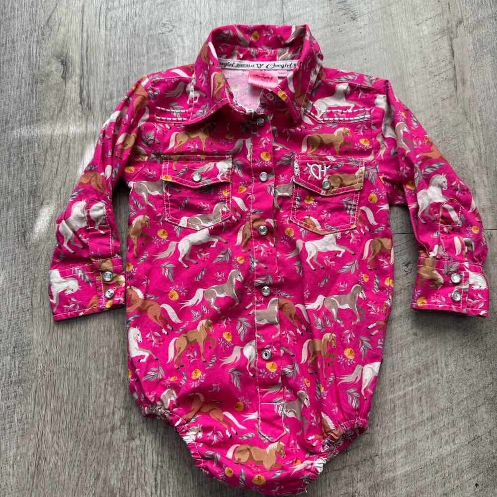 Cowgirl Hardware 18 mo Hot Pink Horse Print Button Up Top Rhinestone Pearl Snap